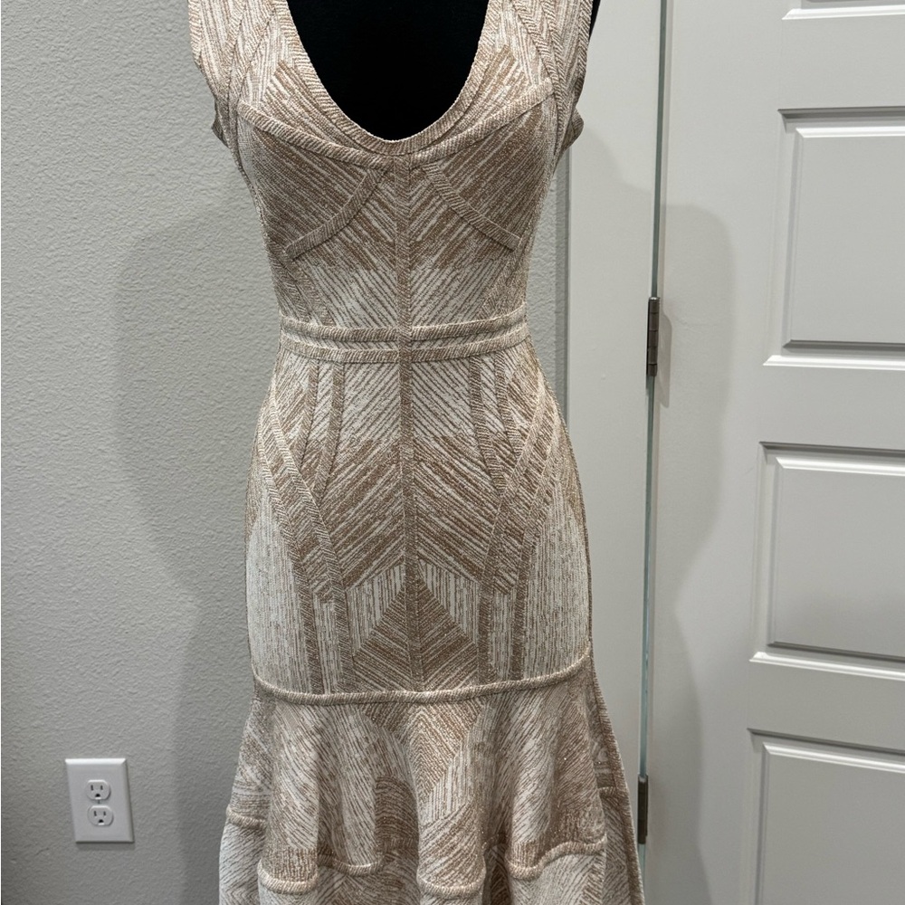 Herve Leger
Scoop-Neck Sleeveless Shimmery Flounce Dress